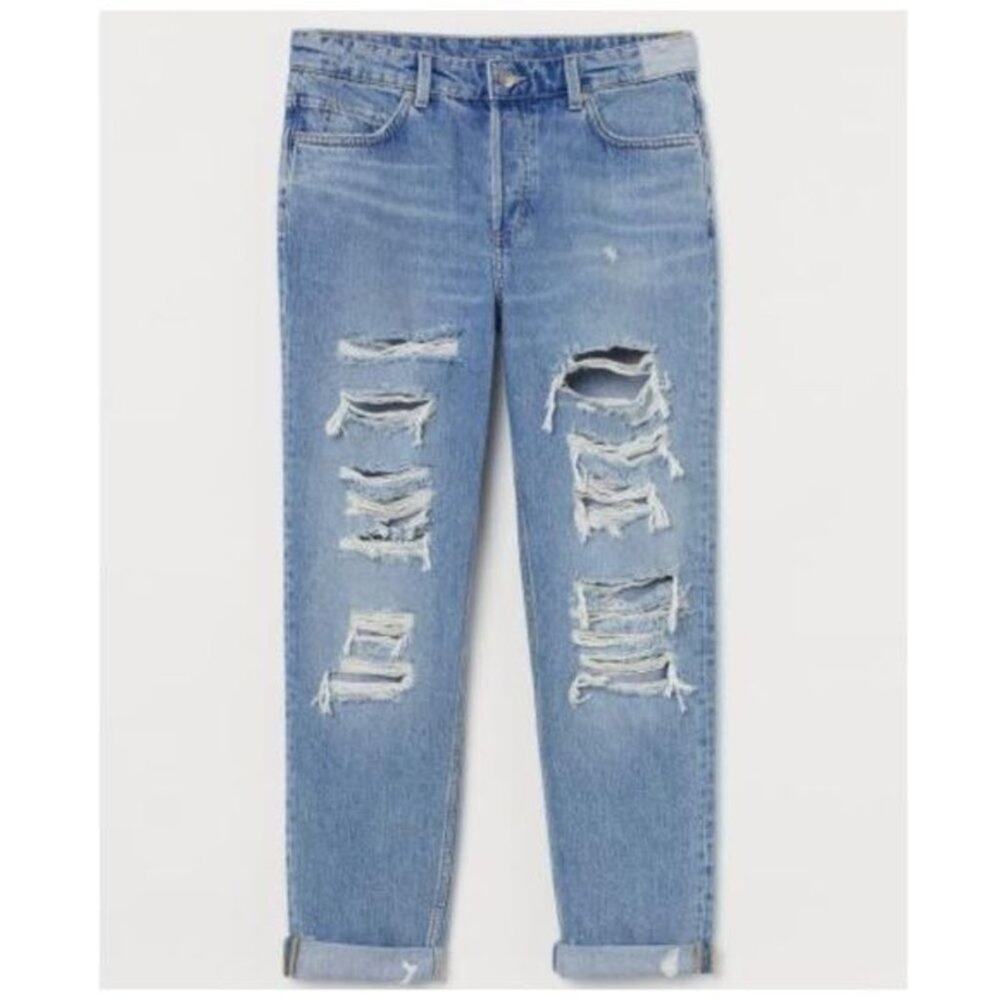 H&M &Denim Boyfriend Low Waist Tapered Leg Distressed Jeans Womens Sz 10